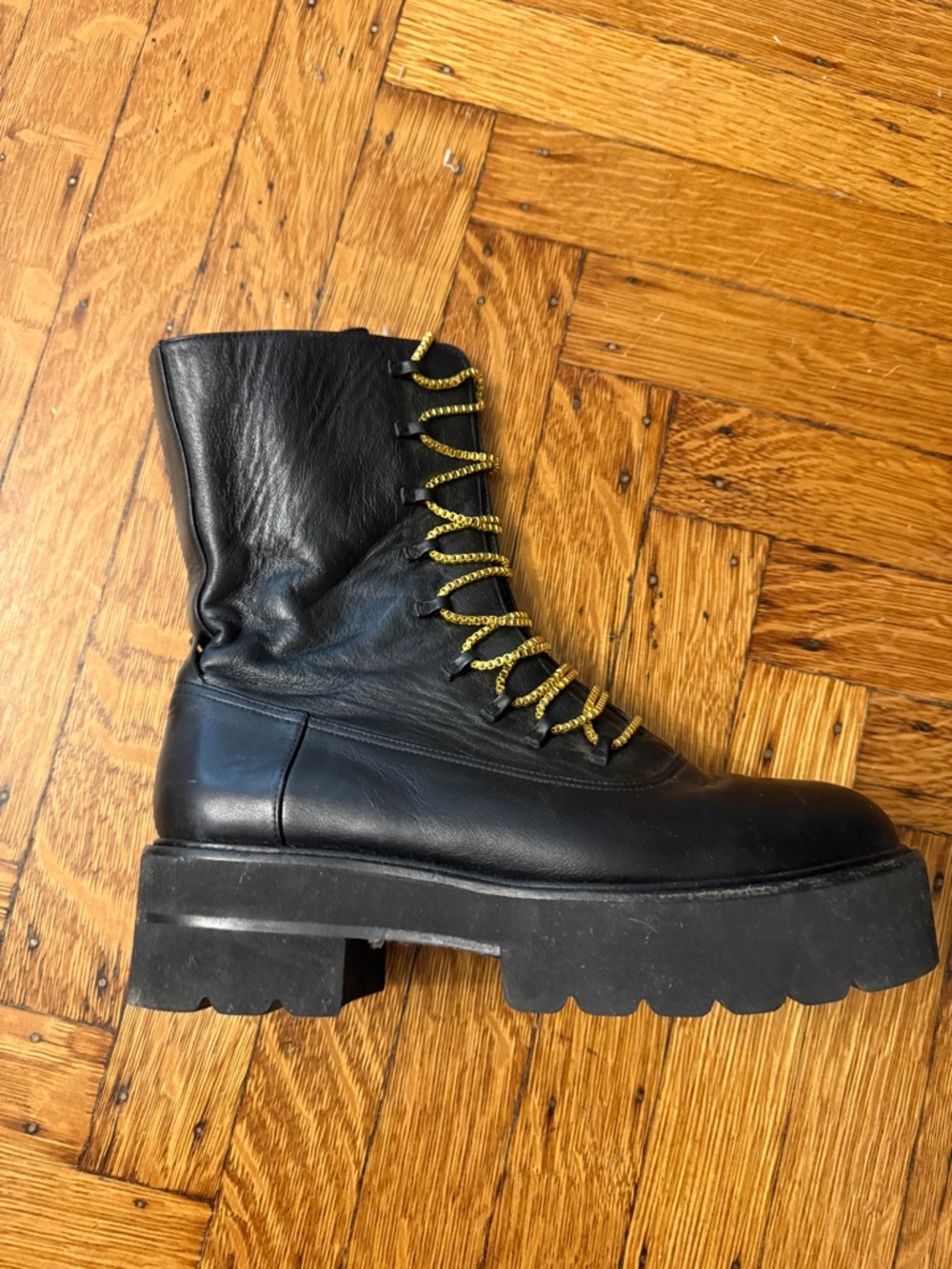 Stuart Weitzman Black Leather Combat Boots with Yellow Accent Laces